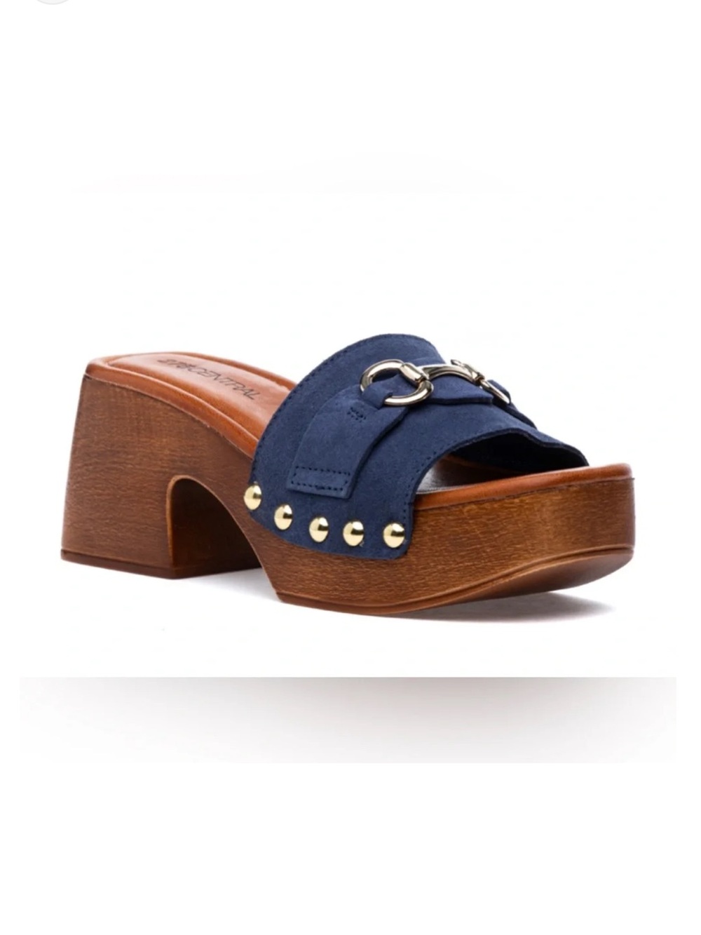 275 Central Blue Gold Horsebit Suede Platform Block Heel Mule 39 US/9